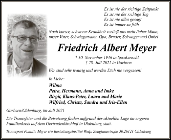 Todesanzeige von Friedrich Albert Meyer von UEL