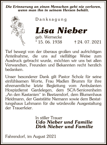 Todesanzeige von Lisa Nieber von UEL