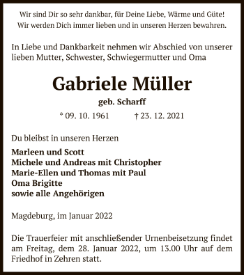 Todesanzeige von Gabriele Müller von UEL