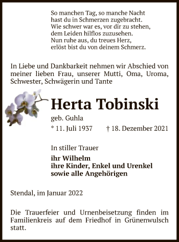 Todesanzeige von Herta Tobinski von UEL