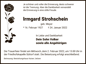 Todesanzeige von Irmgard Strohschein von UEL
