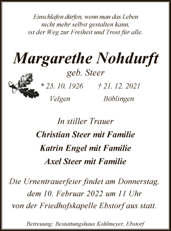 Todesanzeige von Margarethe Nohdurft von UEL