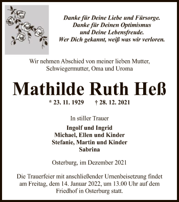 Todesanzeige von Mathilde Ruth Heß von UEL