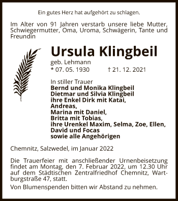 Todesanzeige von Ursula Klingbeil von UEL