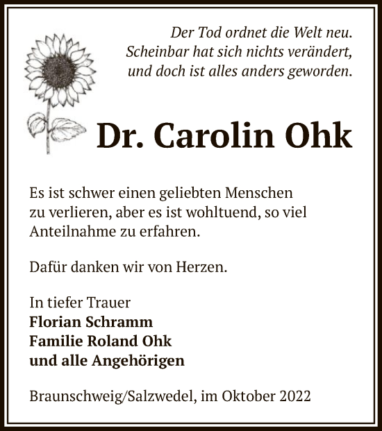 Todesanzeige von Carolin Ohk von UEL