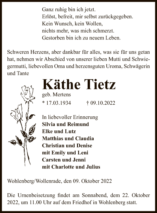Todesanzeige von Käthe Tietz von UEL