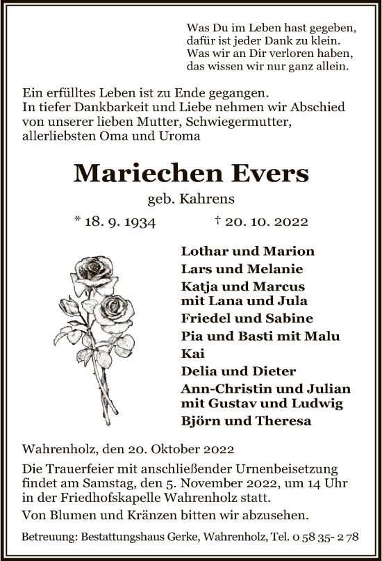 Todesanzeige von Mariechen Evers von UEL