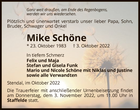 Todesanzeige von Mike Schöne von UEL