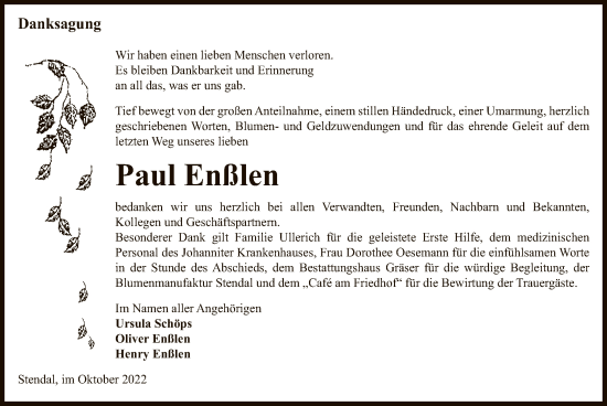 Todesanzeige von Paul Enßlen von UEL