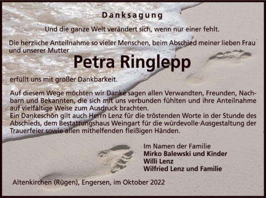 Todesanzeige von Petra Ringlepp von UEL