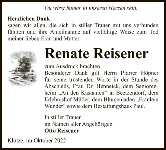 Todesanzeige von Renate Reisener von UEL