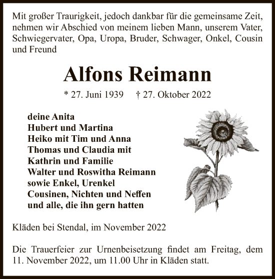 Todesanzeige von Alfons Reimann von UEL