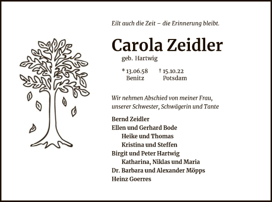 Todesanzeige von Carola Zeidler von UEL