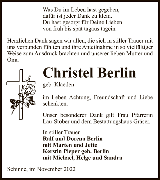 Todesanzeige von Christel Berlin von UEL