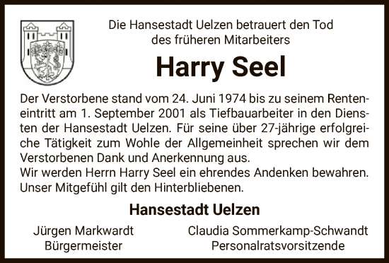 Todesanzeige von Harry Seel von UEL