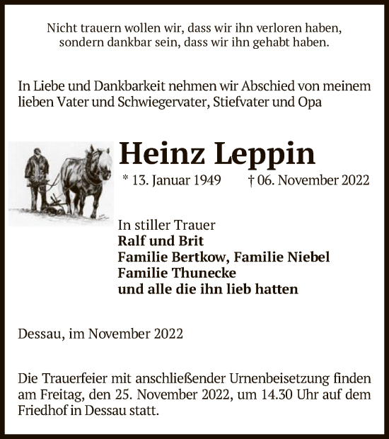 Todesanzeige von Heinz Leppin von UEL