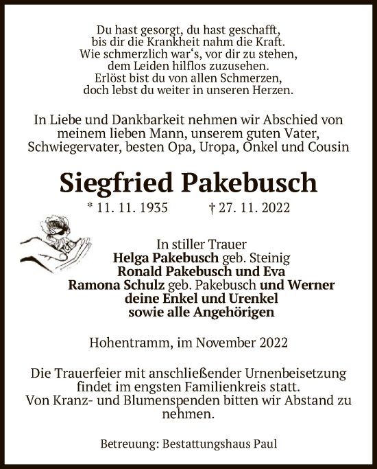 Todesanzeige von Siegfried Pakebusch von UEL