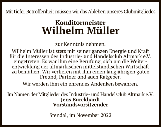 Todesanzeige von Wilhelm Müller von UEL