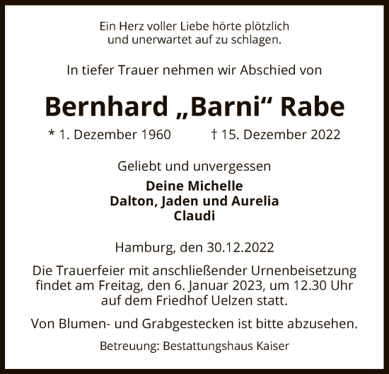 Todesanzeige von Bernhard Rabe von UEL