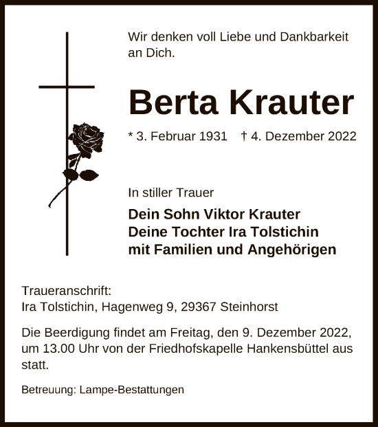 Todesanzeige von Berta Krauter von UEL