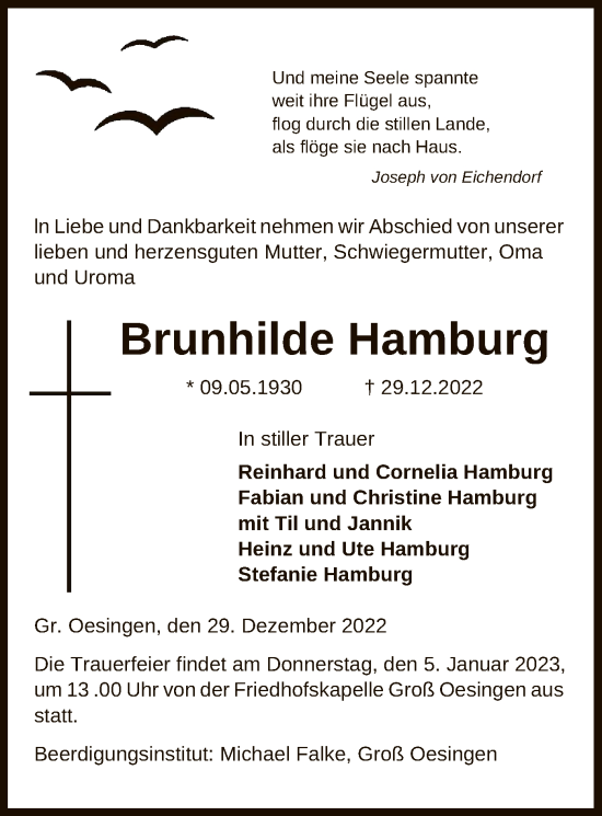 Todesanzeige von Brunhilde Hamburg von UEL