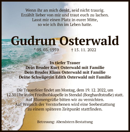 Todesanzeige von Gudrun Osterwald von UEL