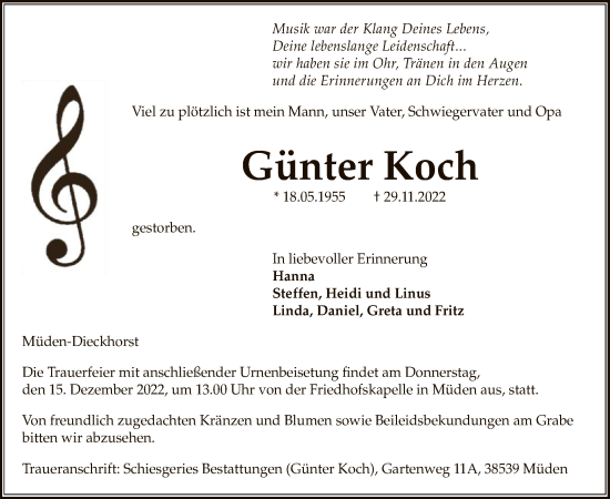 Todesanzeige von Günter Koch von UEL