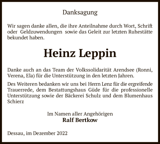 Todesanzeige von Heinz Leppin von UEL