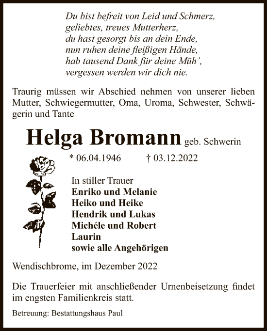 Todesanzeige von Helga Bromann von UEL