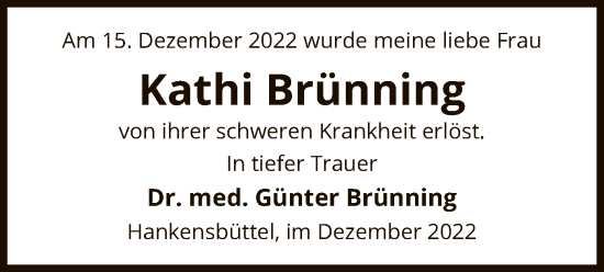 Todesanzeige von Kathi Brünning von UEL