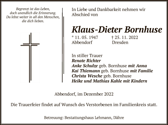 Todesanzeige von Klaus-Dieter Bornhuse von UEL
