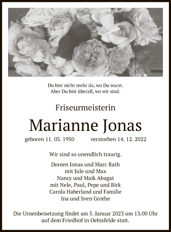 Todesanzeige von Marianne Jonas von UEL