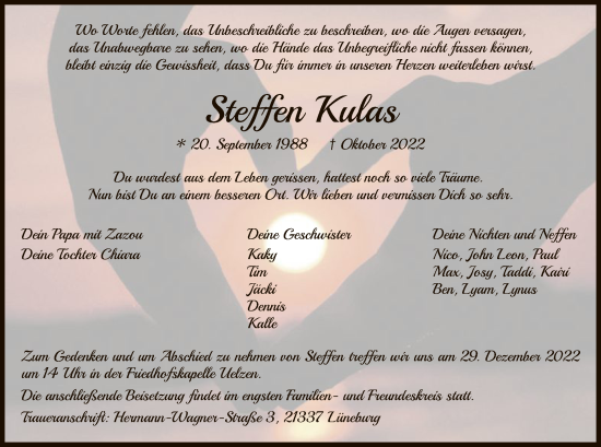 Todesanzeige von Steffen Kulas von UEL