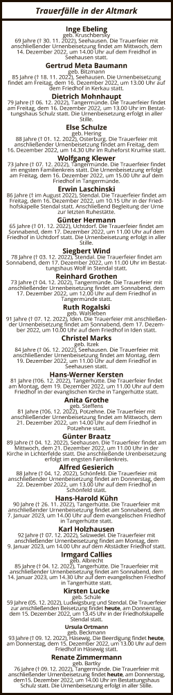 Todesanzeige von Sterbetafel vom 14.12.2022 von UEL