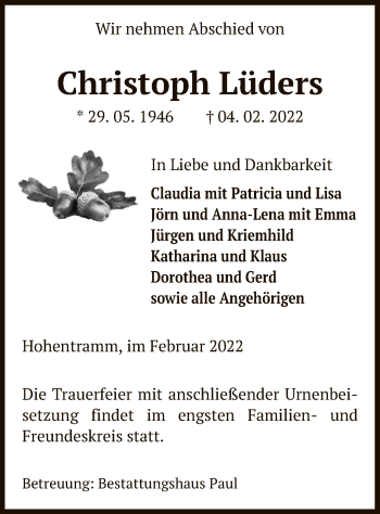 Todesanzeige von Christoph Lüders von UEL