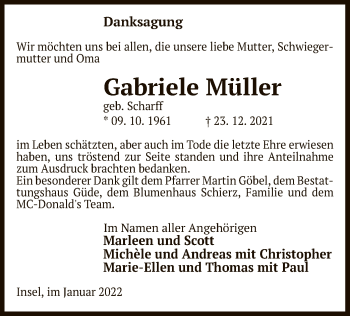 Todesanzeige von Gabriele Müller von UEL