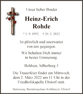 Todesanzeige von Heinz-Erich Rohde von UEL