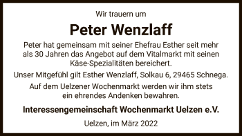 Todesanzeige von Peter Wenzlaff von UEL