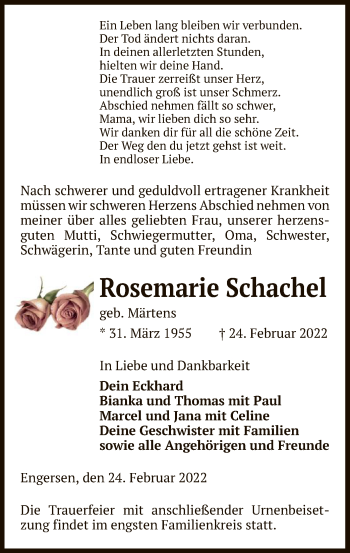 Todesanzeige von Rosemarie Schachel von UEL