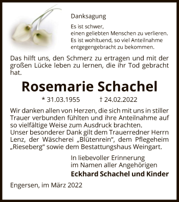 Todesanzeige von Rosemarie Schachel von UEL