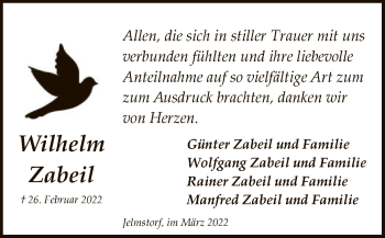 Todesanzeige von Wilhelm Zabeil von UEL