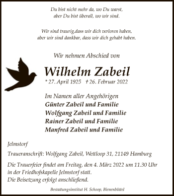 Todesanzeige von Wilhelm Zabeil von UEL