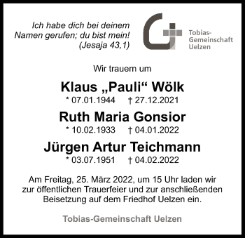 Todesanzeige von Wir trauern Tobias-Gemeinschaft Uelzen von UEL