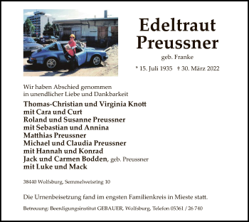 Todesanzeige von Edeltraut Preussner von UEL