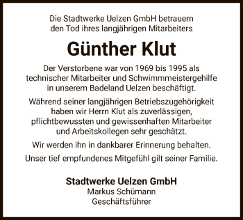 Todesanzeige von Günther Klut von UEL