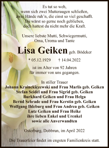 Todesanzeige von Lisa Geiken von UEL
