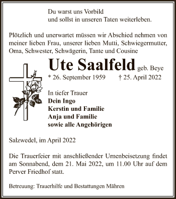 Todesanzeige von Ute Saalfeld von UEL