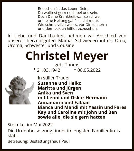 Todesanzeige von Christel Meyer von UEL
