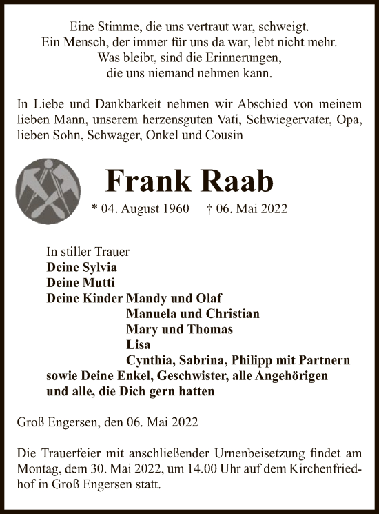 Todesanzeige von Frank Raab von UEL