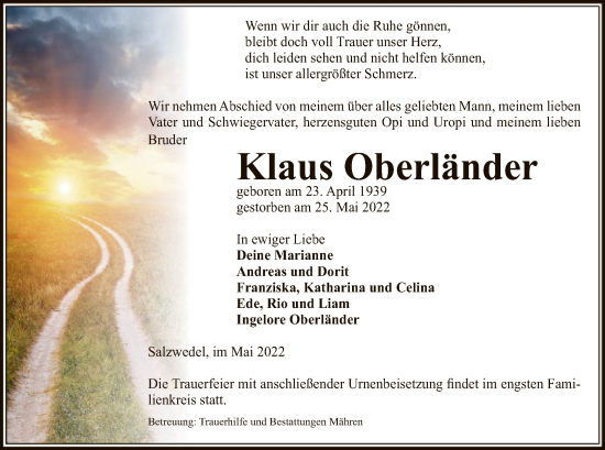 Todesanzeige von Klaus Oberländer von UEL